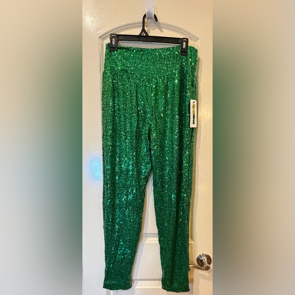 Green Sequin pants lined with pocket at top Mardi Gras Halloween St Patrick’s